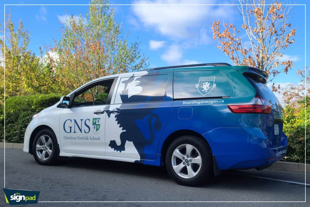 Custom GNS vehicle wrap on a minivan in Victoria.