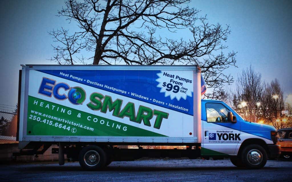 Custom vehicle wrap for EcoSmart promoting heating and cooling services in Victoria.