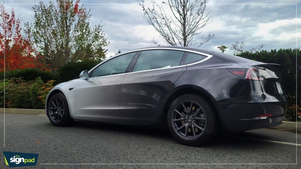 Tesla Model 3 with custom vehicle wrap in Victoria.