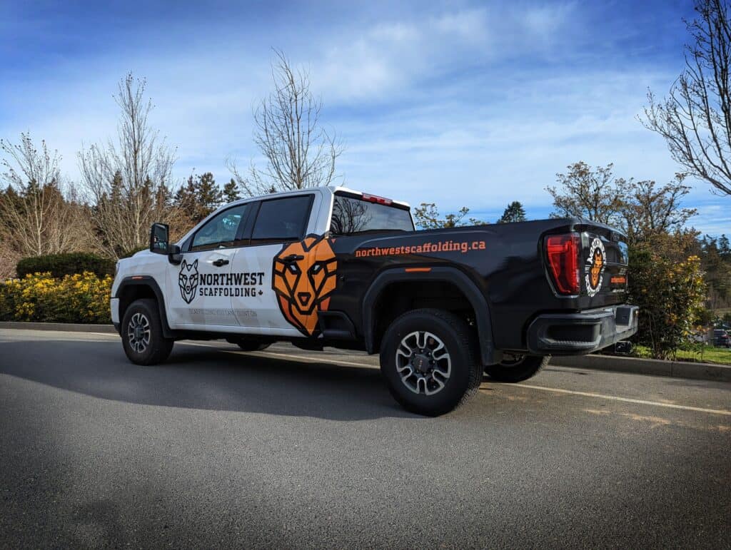 Custom vehicle wrap for Northwest Scaffolding on a pickup truck.