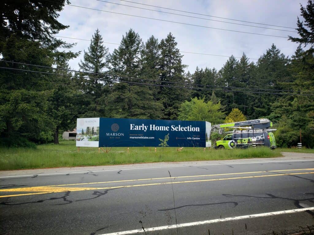 Custom outdoor sign for early home selection by Marson.