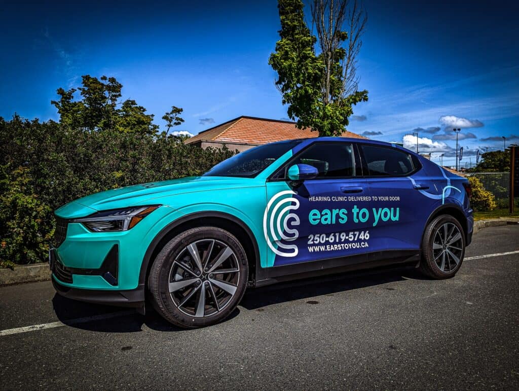 Custom vehicle wrap for Ears to You hearing clinic in Victoria.