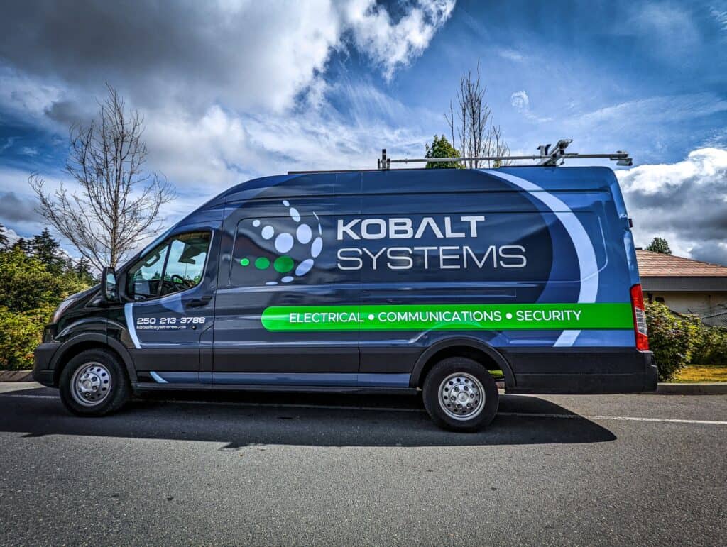 Custom vehicle wrap for Kobalt Systems promoting electrical, communications, and security services.