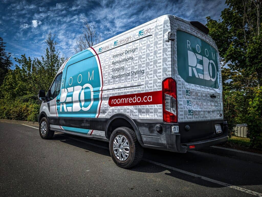 Custom vehicle wrap promoting Room Redo's interior design and renovation services.