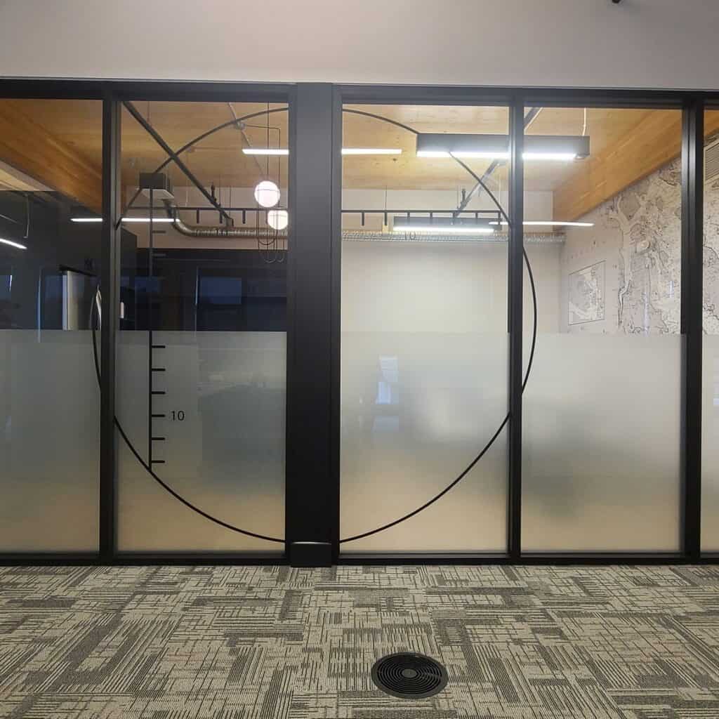 Sign Pad with Frosted Glass Walls in Office Interior.