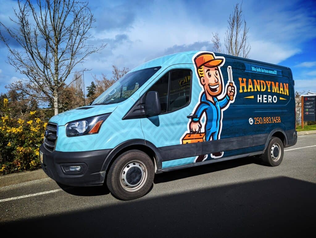 Handyman hero van with custom graphics promoting handyman services in Victoria.