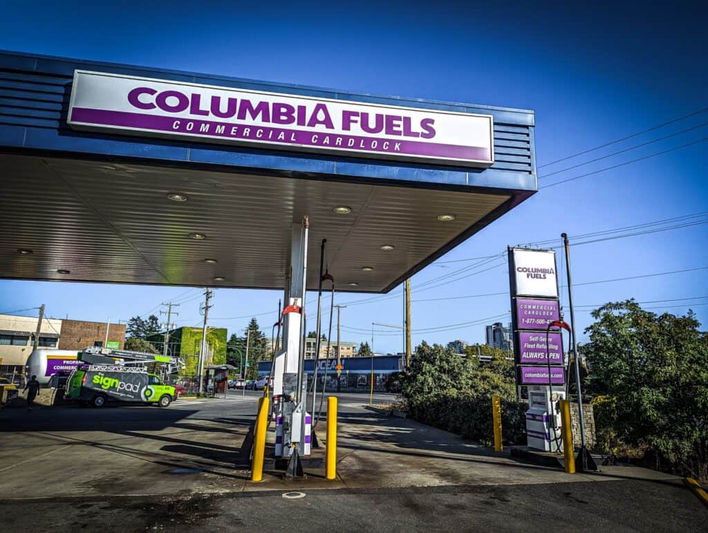 Columbia Fuels gas station with custom signage and vehicle wraps in Victoria.