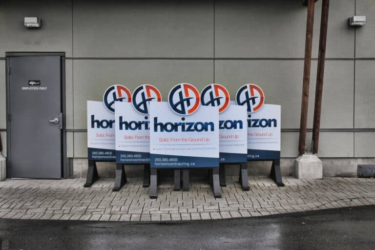 Five Horizon Sound signs displayed outside a building on sidewalk.