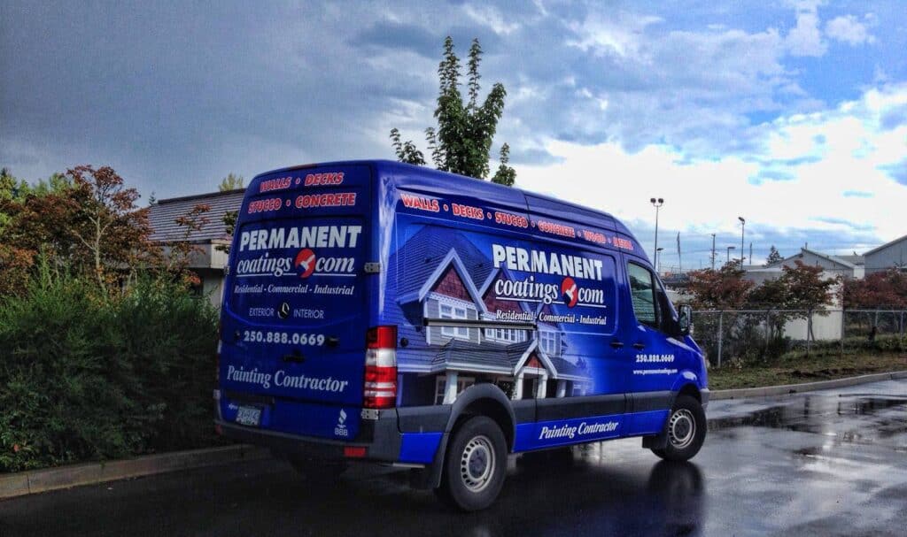 Custom vehicle wrap for Permanent Coatings on a blue van in Victoria.