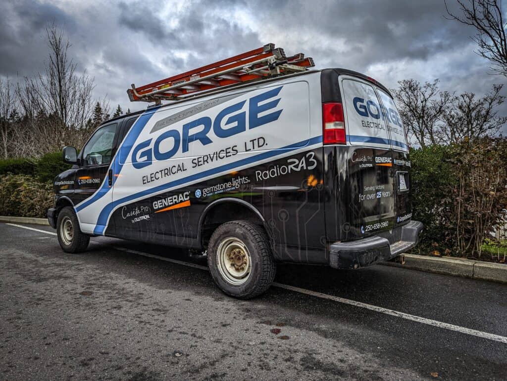 Company van for Gorge Electrical Services Ltd. with branding and equipment on roof.