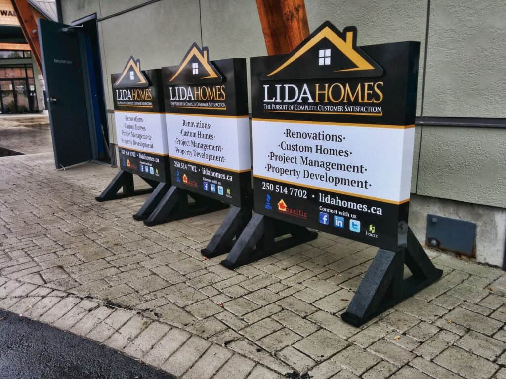 Custom Sign for LIDA HOMES on Sidewalk.