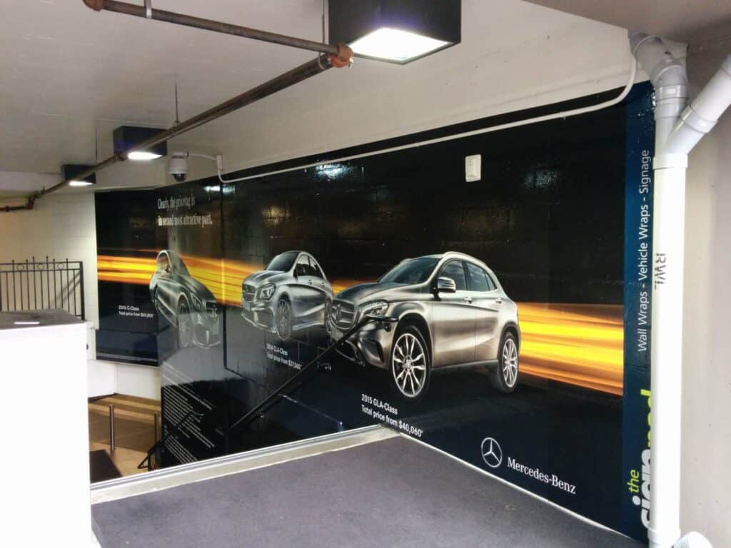 Mercedes-Benz vehicle wrap display showcasing custom vehicle wraps in Victoria.