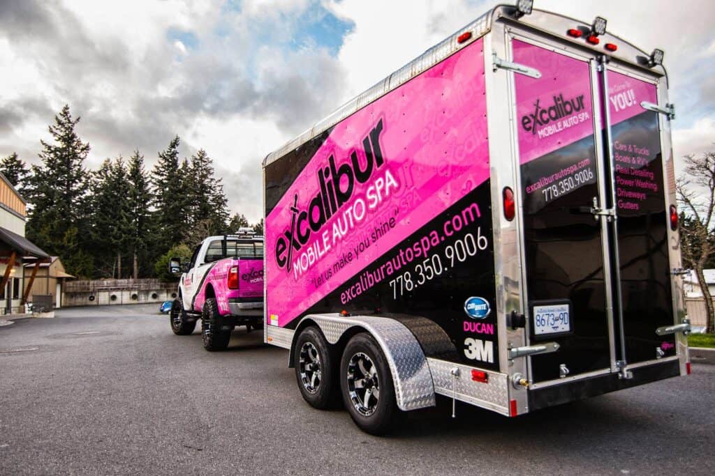 Custom vehicle wrap for ExcaliBur Auto Spa on a truck in Victoria.