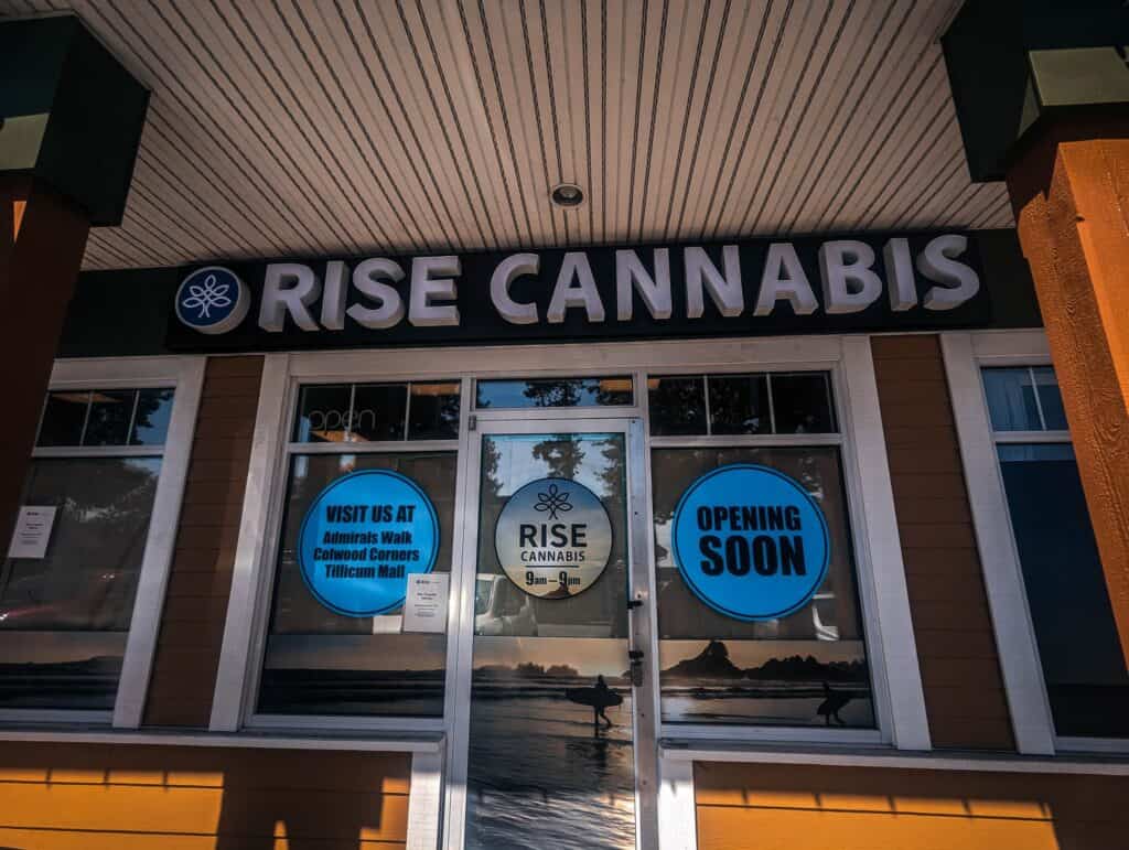 Custom cannabis shop sign for Rise Cannabis in Victoria, featuring bold lettering and logo.