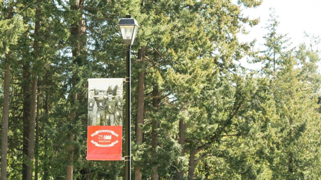 Custom outdoor sign with a red and white design, mounted on a pole among trees.