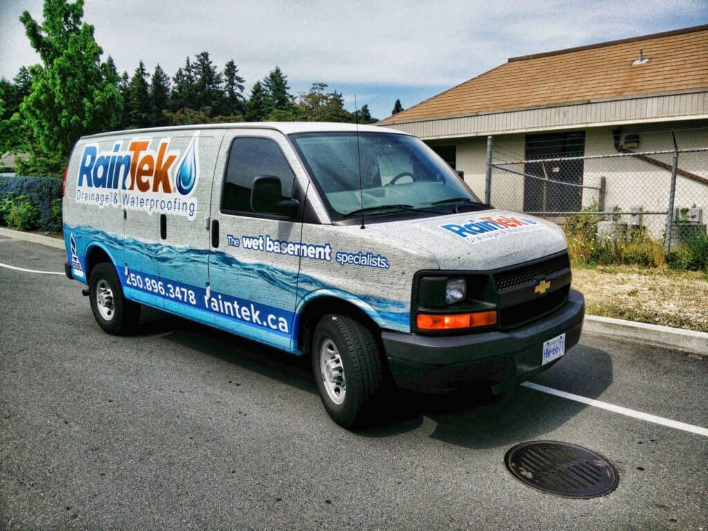 Custom RainTek vehicle wrap promoting waterproofing services in Victoria.