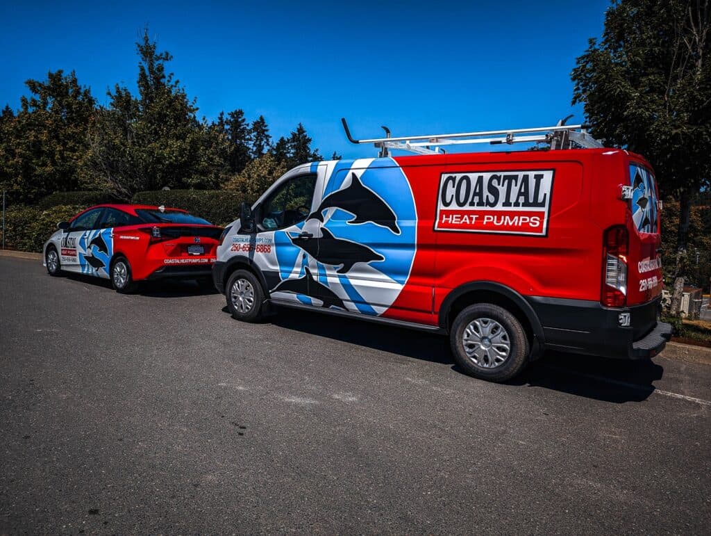Custom vehicle wrap for Coastal Heat Pumps on vans and cars in Victoria.