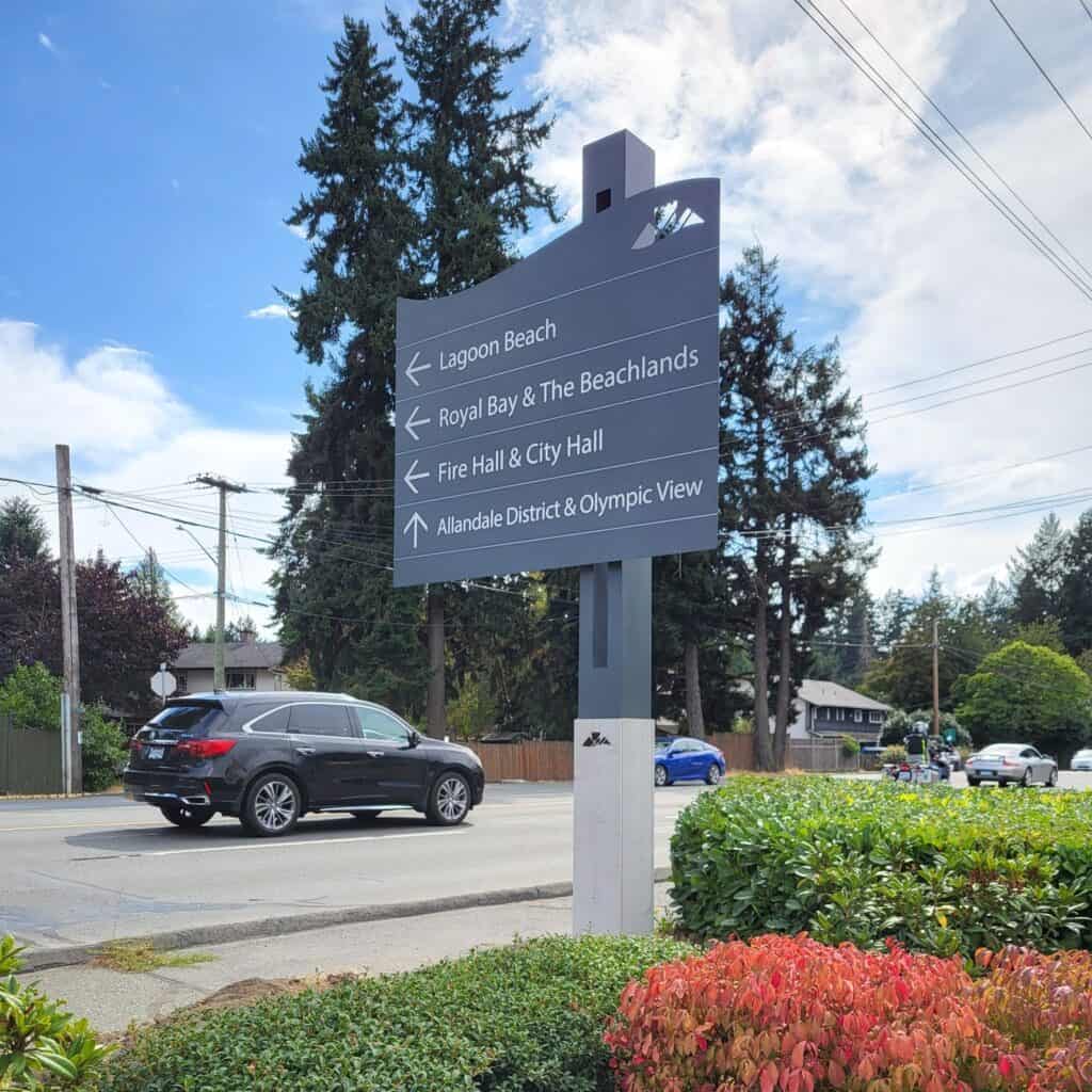 Directional sign with multiple arrows pointing to local landmarks in Victoria.