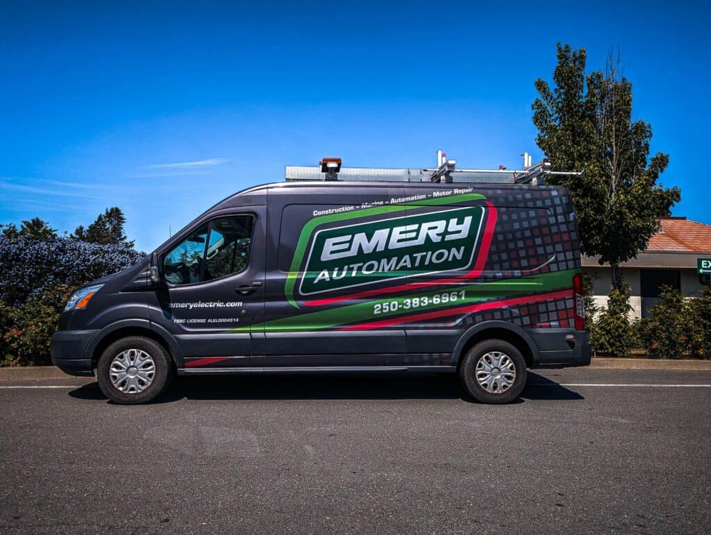 Custom vehicle wrap for EMERYS AUTOMATION on a work van in Victoria.