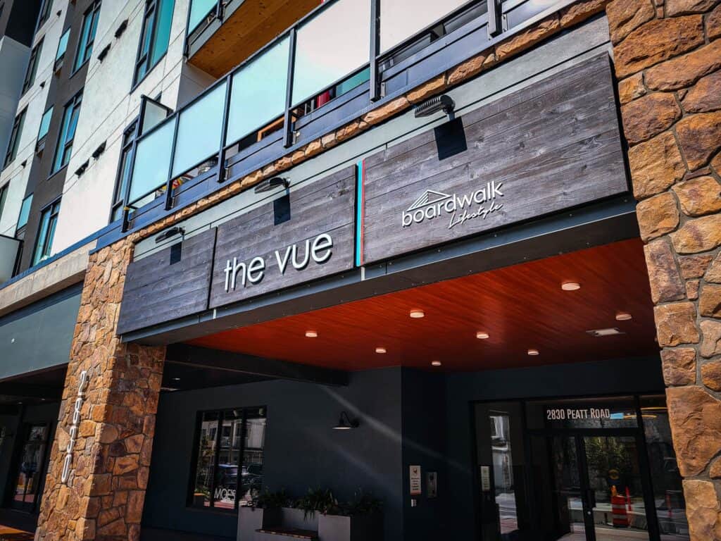 Custom exterior sign for The Vue restaurant in Victoria.