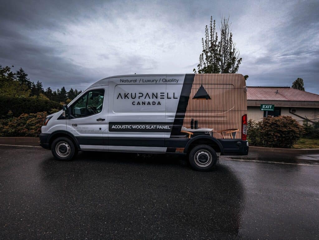 Custom vehicle wrap on van promoting Akupanell Canada and acoustic wood slat panels.