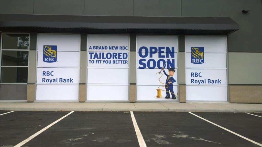 RBC Royal Bank storefront signage with upcoming opening announcement.