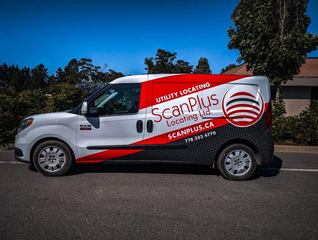 Utility vehicle wrap promoting ScanPlus, a company specializing in utility locating services in Vict.