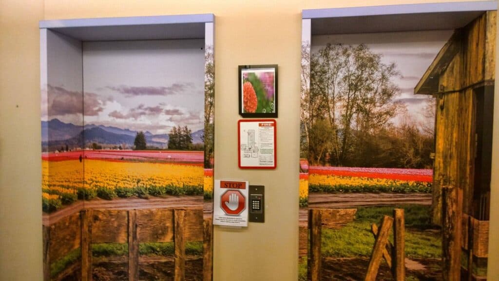 Sign pad with scenic landscape and countryside view.