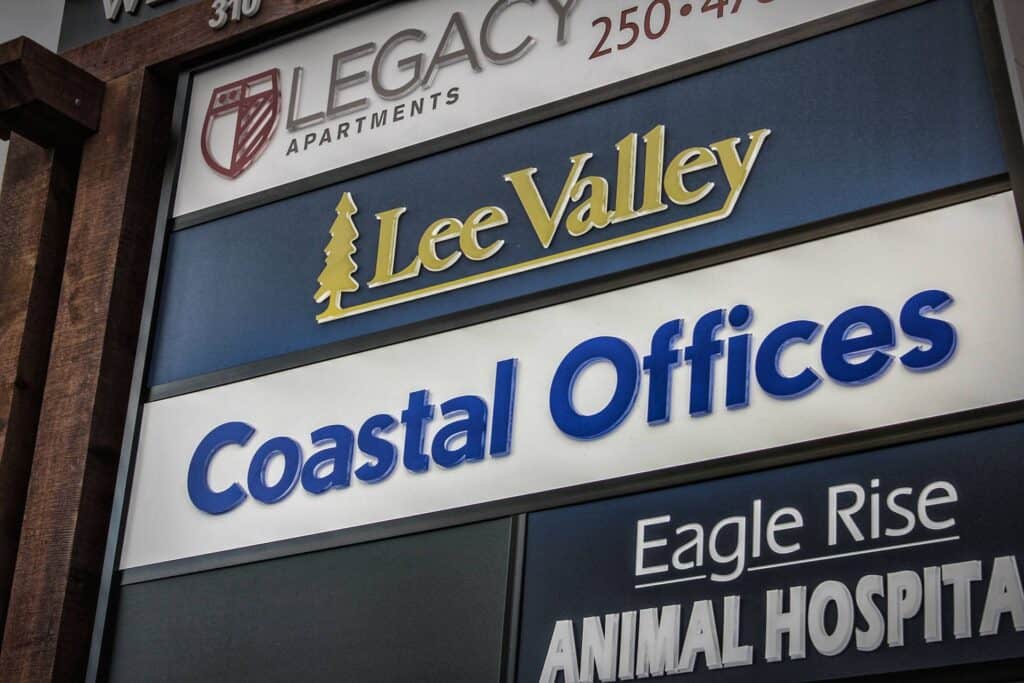 Lee Valley Coastal Offices sign on building exterior.