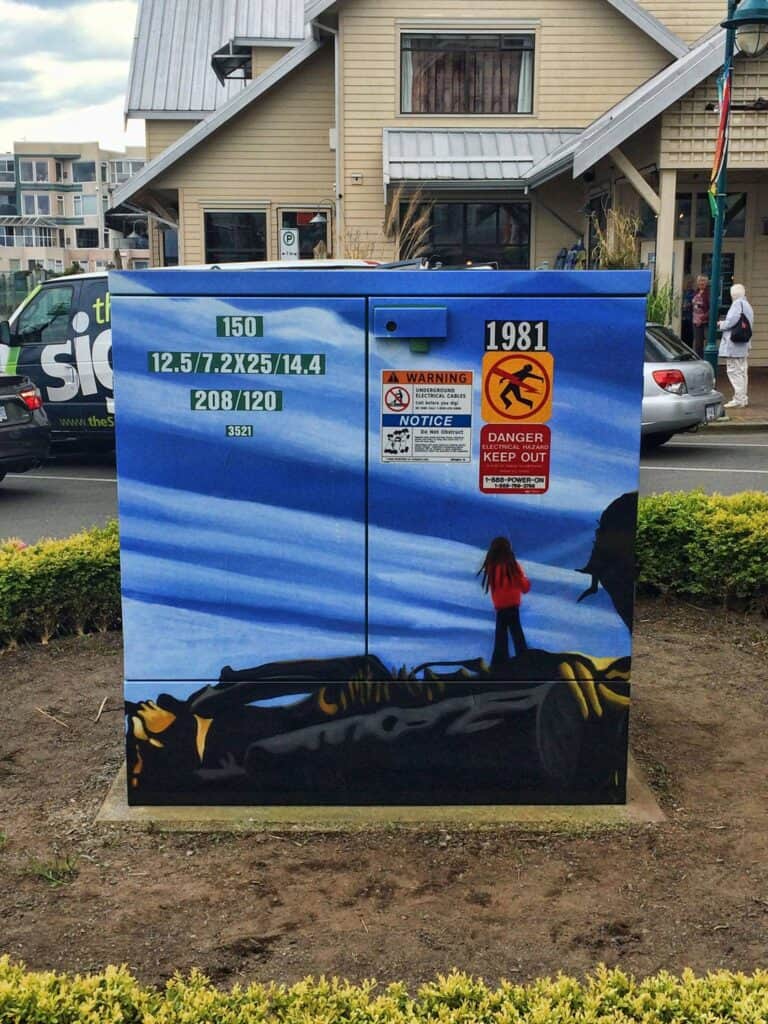 High-quality painted utility box featuring a vibrant ocean and sunset scene in Victoria.