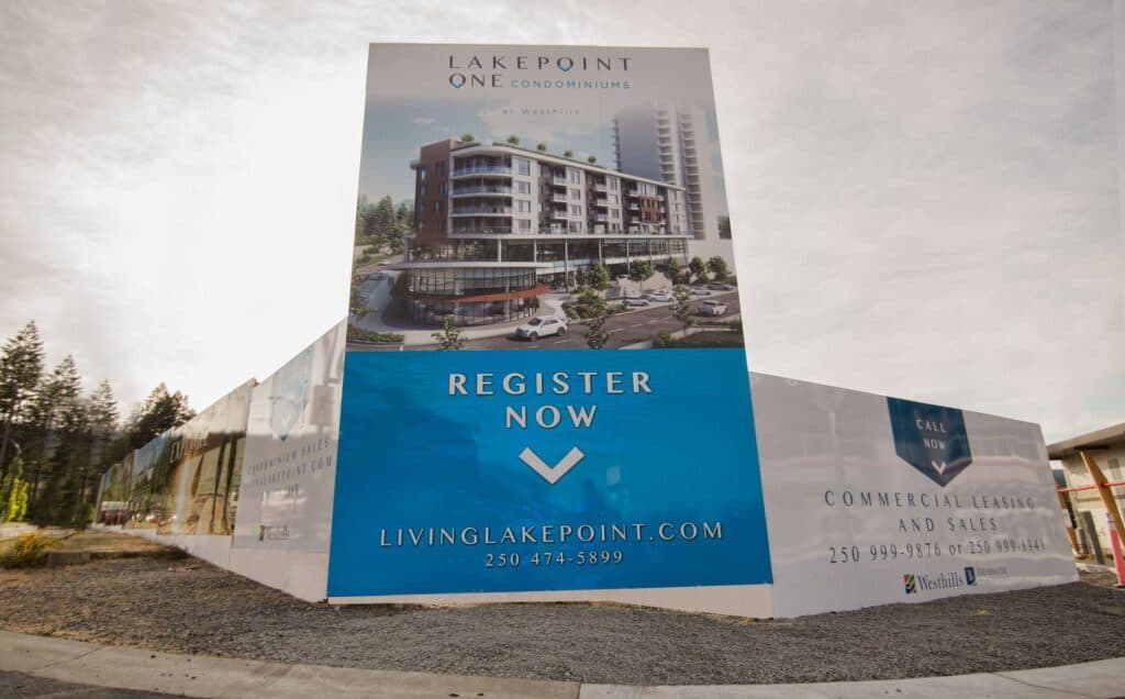 Large outdoor sign for Lakepoint One Condominiums in Victoria.