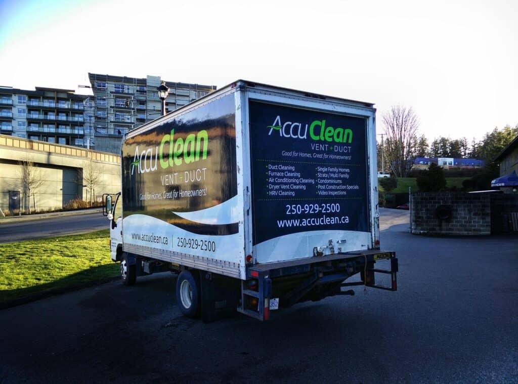 A vibrant vehicle wrap promoting AcuClean vent duct cleaning services in Victoria.
