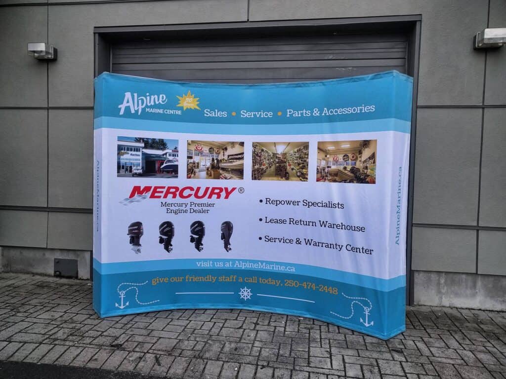 Custom outdoor banner for Alpine Marine Centre in Victoria.
