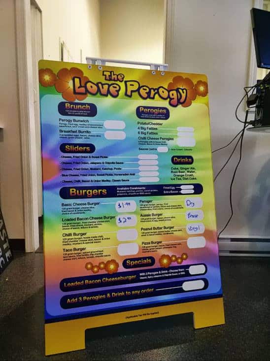 Custom colorful sign board for The Love Perogy restaurant in Victoria.