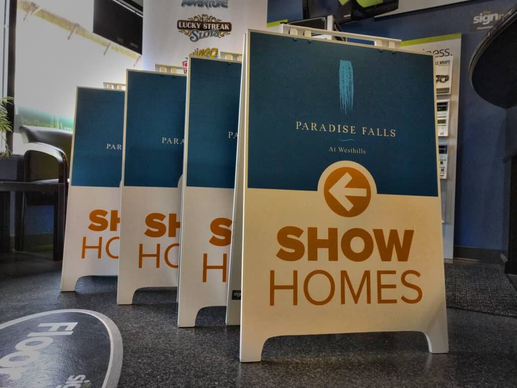 Custom outdoor sign for Paradise Falls show homes in Victoria.