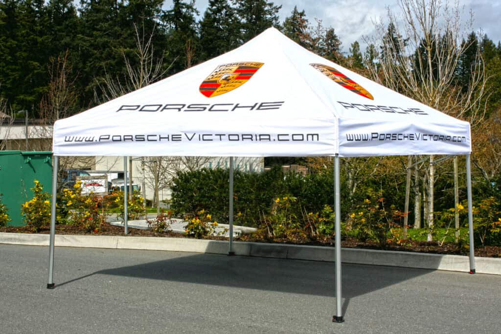 Custom Porsche branded event tent with logo and website in Victoria.