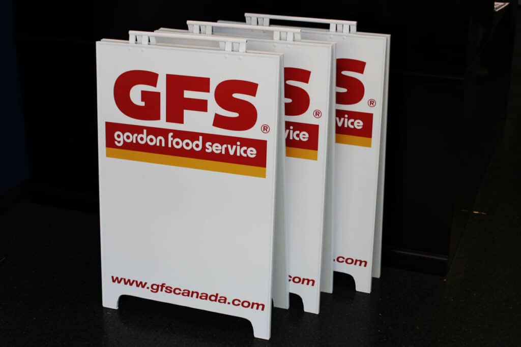 Custom GFS Gordon Food Service sandwich board sign for advertising.