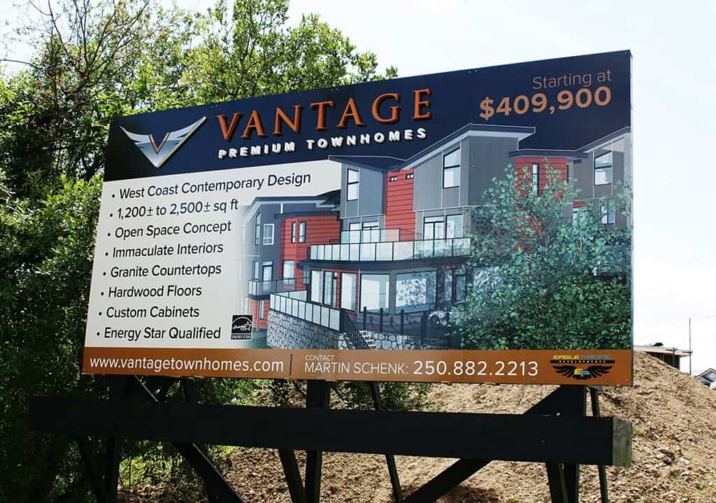 Custom outdoor sign for Vantage Townhomes in Victoria.