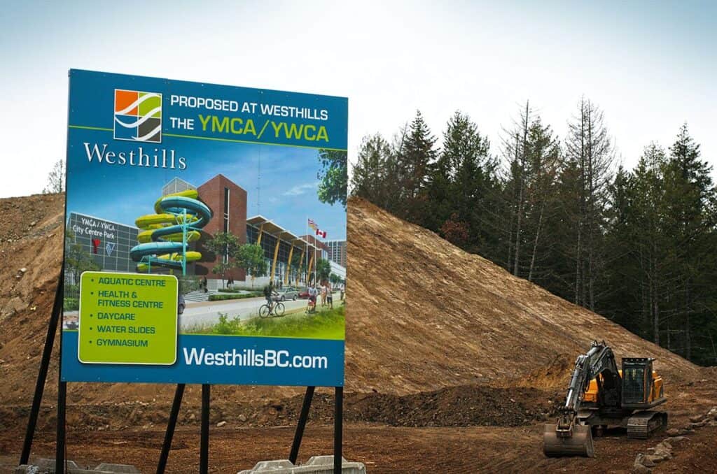 Proposed Westhills YMCA sign with location details and amenities in Victoria.