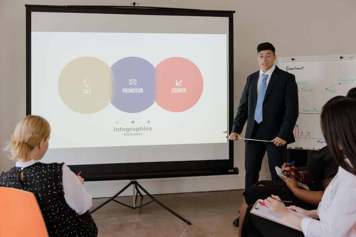 Business presentation using a sign pad in a professional setting.