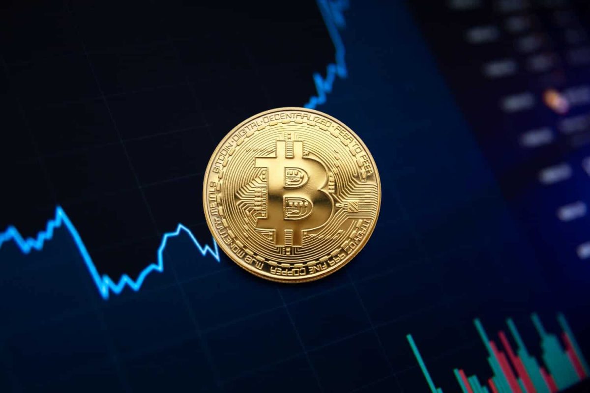 Bitcoin coin displayed on a digital financial chart background.